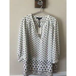 NWT Jasmine & Juliana Plus Size 1X Tunic Blouse Cream Blue Floral 3/4 Sleeve